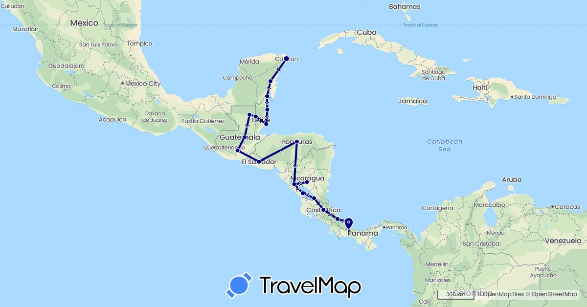 TravelMap itinerary: driving in Belize, Costa Rica, Guatemala, Honduras, Mexico, Nicaragua, Panama, El Salvador (North America)